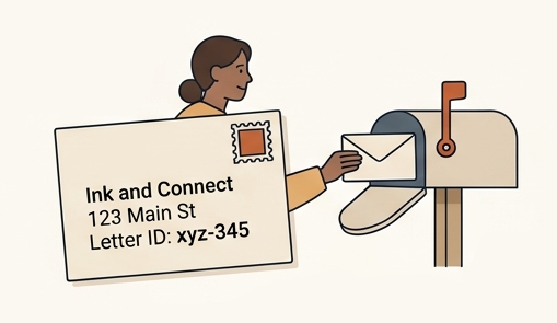 Illustration of a handwritten letter being mailed to Ink and Connect